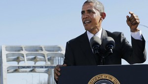 Obama speaks in front of the Edmund Pettus Bridge. (Reuters/Jonathan Ernst)